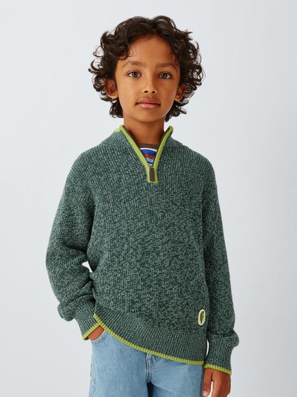John Lewis Kids' Cotton Quarter Zip Knitted Jumper, Green Gables, Green Gables