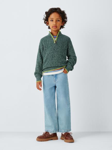 John Lewis Kids' Cotton Quarter Zip Knitted Jumper, Green Gables - view 2, Green Gables