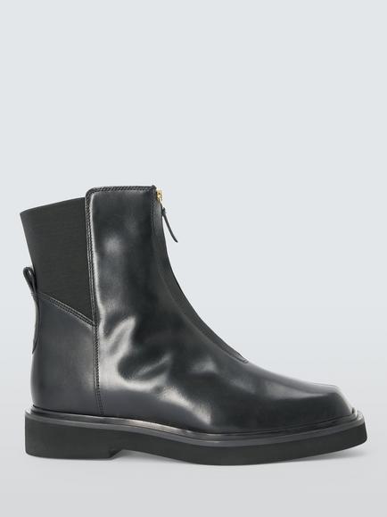 John Lewis Puddles Leather Chip Toe Zip Front Moto Chelsea Boots, Black, Black