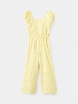 Mango Kids' Marie Floral Embroidered Sequin Puff Sleeve Jumpsuit, Lemon, Lemon
