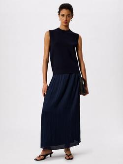 Whistles Plisse Column Midi Skirt, Navy, Navy