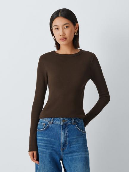 AND/OR Ribbed Stretch Cotton Long Sleeve Top, Chocolate