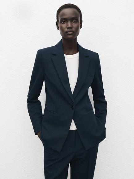 Mango Single Button Blazer, Marine, Marine