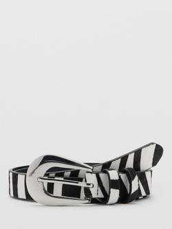 Mango Oval Buckle Zebra Print Pure Leather Belt, Black, Black