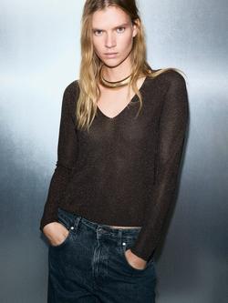 Mango V-Neck Stretch Jumper, Chocolate, Chocolate