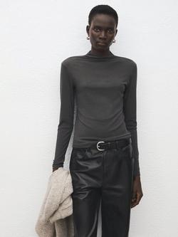 Mango Long Sleeve High Neck T-Shirt, Grey, Grey