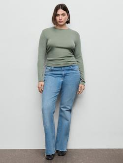 Mango Long Sleeve Ribbed Round Neck T-Shirt, Khaki, Khaki