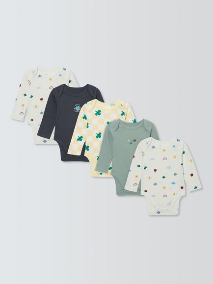 John Lewis Baby Clover Long Sleeve Bodysuits, Pack of 5, Brown Multi, Brown Multi