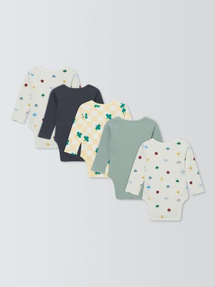 John Lewis Baby Clover Long Sleeve Bodysuits, Pack of 5, Brown Multi - view 2, Brown Multi