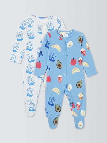 John Lewis Baby Breakfast Sleepsuits, Pack of 2, Blue Multi, Blue Multi