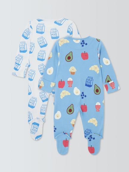 John Lewis Baby Breakfast Sleepsuits, Pack of 2, Blue Multi - view 2, Blue Multi
