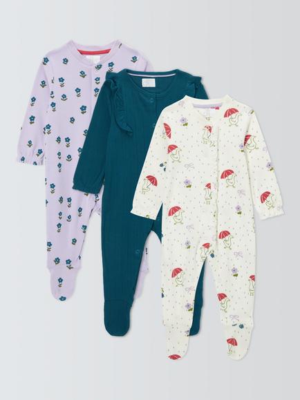John Lewis Baby Mixed Design Sleepsuits, Pack of 3, Purple Multi, Purple Multi