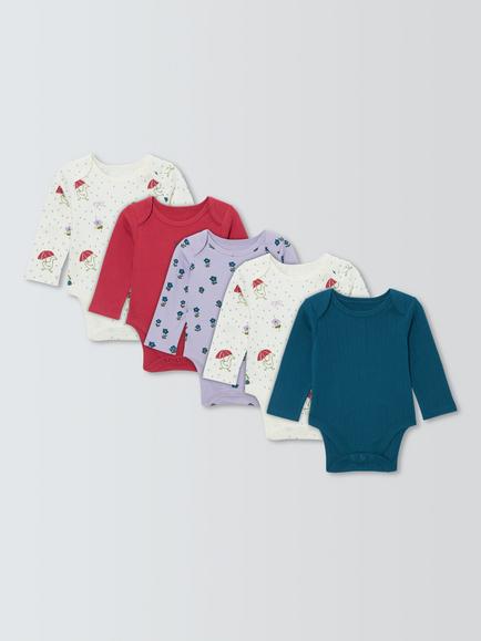 John Lewis Baby Mixed Long Sleeve Bodysuits, Pack of 5, Purple Multi, Purple Multi