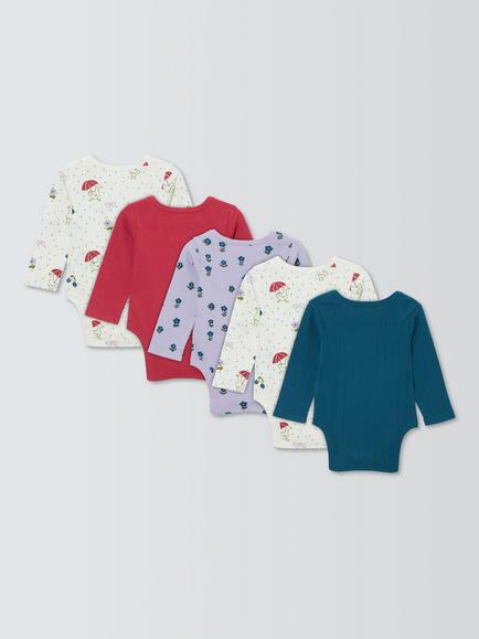 John Lewis Baby Mixed Long Sleeve Bodysuits, Pack of 5, Purple Multi - view 2, Purple Multi