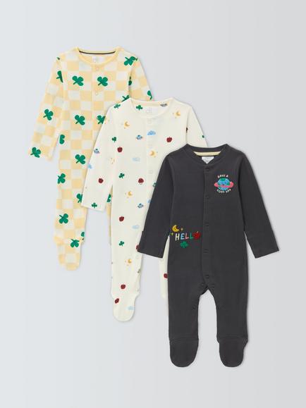 John Lewis Baby Clover Sleepsuits, Pack of 3, Brown Multi, Brown Multi