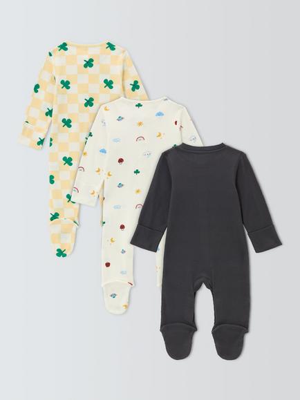 John Lewis Baby Clover Sleepsuits, Pack of 3, Brown Multi - view 2, Brown Multi
