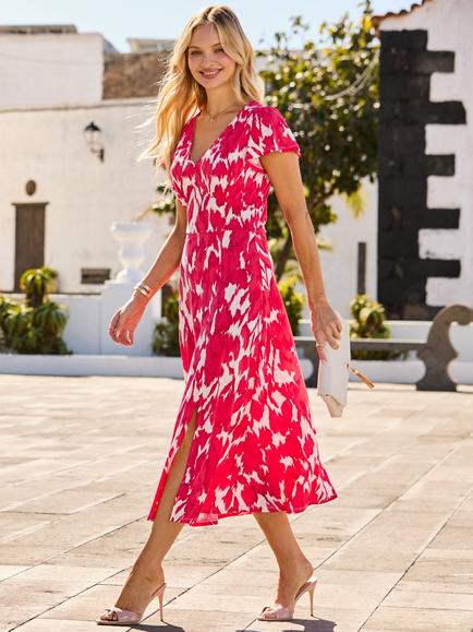 Sosandar Abstract Floral Midi Dress, Coral - view 2, Coral