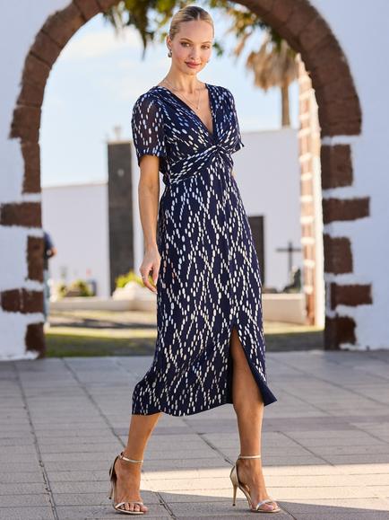 Sosandar Fleck Print Twist Front Dress, Nav/Silver, Nav/Silver