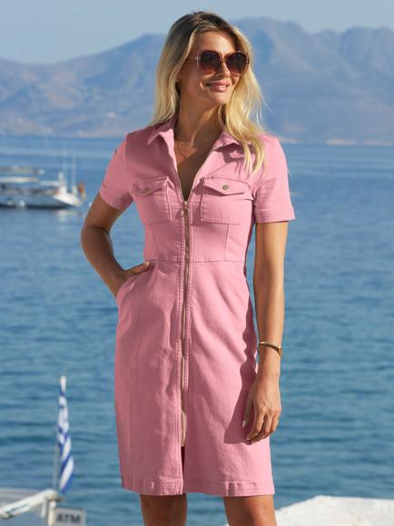Sosandar Zip Front Denim Dress - view 2, Pink