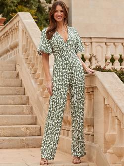 Sosandar Geometric Spot Print Jumpsuit, Green/Ivory, Green/Ivory