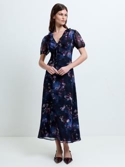 French Connection Clara Floral Puff Sleeve Midi Dress, Navy/Multi, Navy/Multi