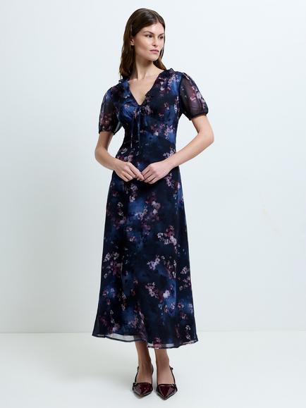 French Connection Clara Floral Puff Sleeve Midi Dress, Navy/Multi, Navy/Multi