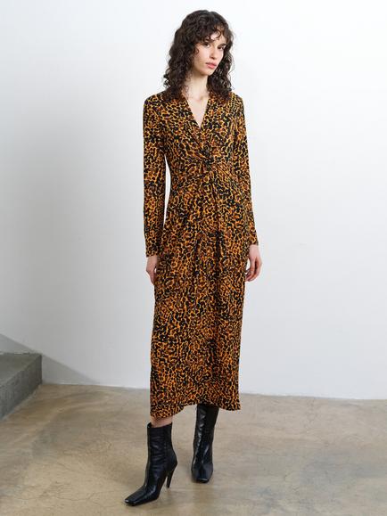 French Connection Lottie Leopard Print Knot Detail Dress, Orange/Multi, Orange/Multi