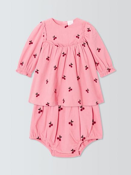 John Lewis Baby Cord Cherry Dress & Bloomers Set, Pink, Pink