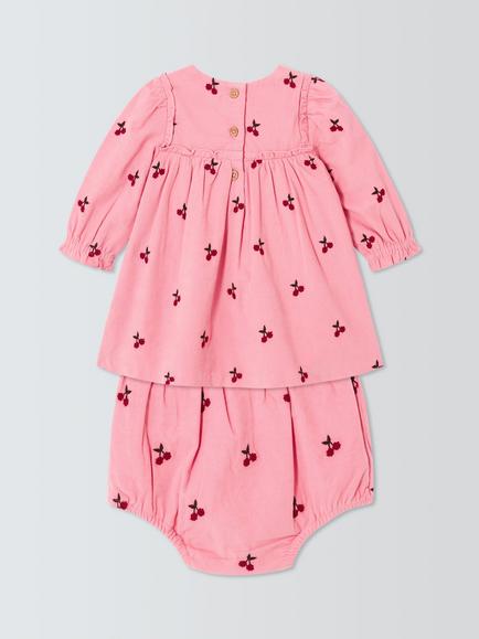 John Lewis Baby Cord Cherry Dress & Bloomers Set, Pink - view 2, Pink