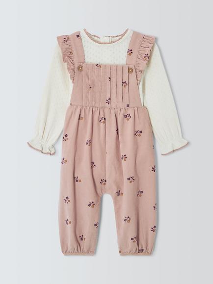John Lewis Baby Floral Cord Dungarees & Long Sleeve Top Set, Pink Multi, Pink Multi