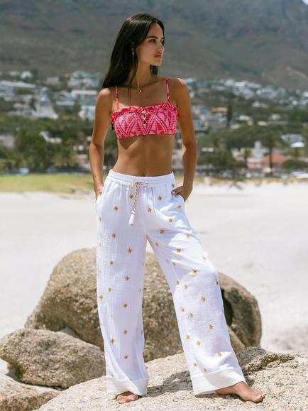 Chelsea Peers Embroidered Sunburst Cheesecloth Cotton Trousers, Off White, Off White