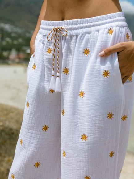 Chelsea Peers Embroidered Sunburst Cheesecloth Cotton Trousers, Off White - view 2, Off White