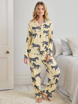 Chelsea Peers Zebra Checkerboard Button Down Long Pyjama Set, Yellow, Yellow