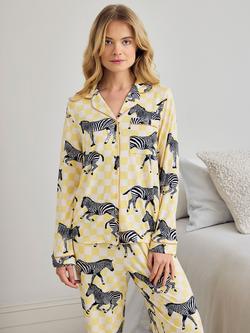 Chelsea Peers Zebra Checkerboard Button Down Long Pyjama Set, Yellow - view 2, Yellow