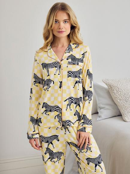 Chelsea Peers Zebra Checkerboard Button Down Long Pyjama Set, Yellow - view 2, Yellow