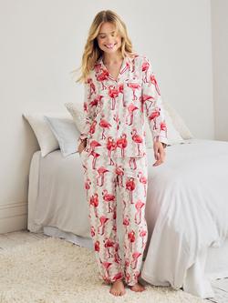 Chelsea Peers Flamingo Stripe Button Down Long Pyjama Set, Pink, Pink