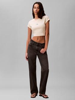 Calvin Klein Slim Fit Striped Cropped T-Shirt, French Vanilla