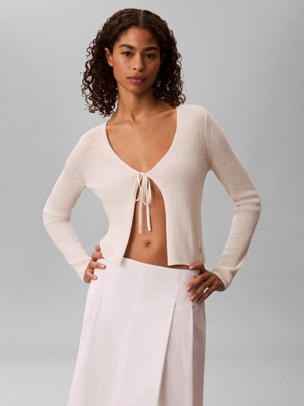 Calvin Klein Tie Front Ribbed Cardigan, Tofu - view 2, Tofu