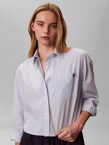 Calvin Klein Cotton Striped Cropped Shirt, Breezy Blue - view 2, Breezy Blue
