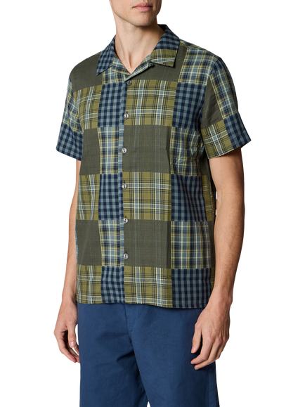 Paul Smith Patchwork Check Button Through Short Sleeve Cotton Shirt, Green, Green