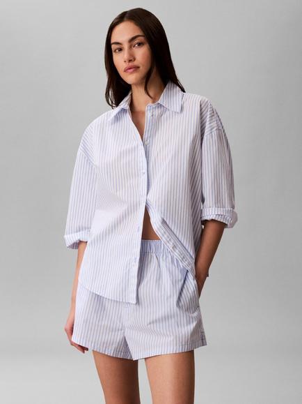 Calvin Klein Stripe Poplin Pyjama Shorts, Sera Blue Descent, Sera Blue Descent