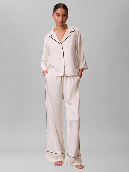 Calvin Klein Contrast Trim Satin Pyjama Shirt, Ivory