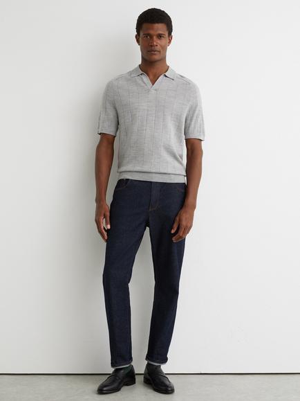 Reiss Chelmsford Merino Wool Wide Rib Polo Jumper, Grey, Grey