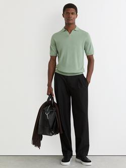 Reiss Merino Wool Open-Collar Polo Shirt, Light Sage Green, Light Sage Green