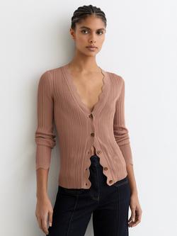 Reiss Vinny Scallop Detail Cardigan, Burgundy, Pink