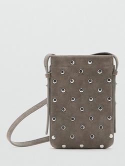 Mango Studded Leather Crossbody Phone Pouch, Taupe, Taupe