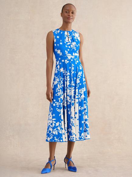 Hobbs Angelica Floral Pleated Dress, Bright Blue/Cream, Bright Blue/Cream