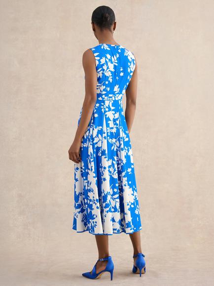 Hobbs Angelica Floral Pleated Dress, Bright Blue/Cream - view 2, Bright Blue/Cream