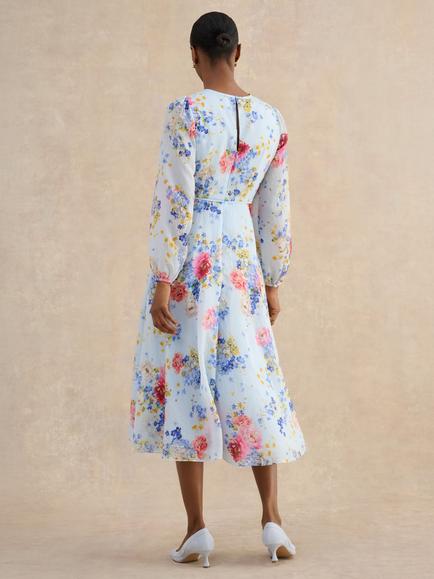 Hobbs Constance Floral Midi Dress, Pale Blue/Multi - view 2, Pale Blue/Multi