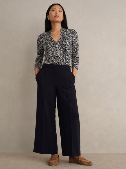 Hobbs Eva Wide Leg Cropped Trousers, Navy, Navy
